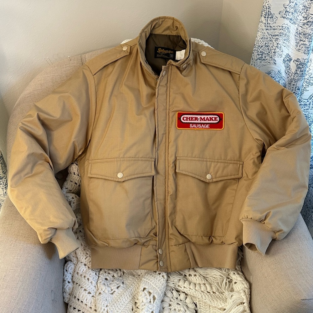 Vintage 70s/80s Swingster brand Char-Make Sausage logo tan jacket, men’s M